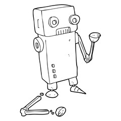 black and white cartoon broken robot