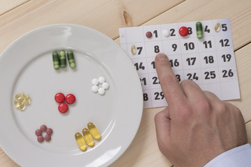 Plate with various pills and man’s forefinger showing the date on the dosing schedule calendar. Pills as a replacement for a meal concept.