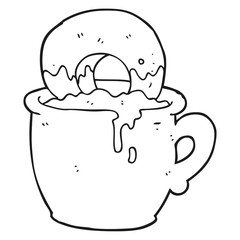 black and white cartoon donut dunked in coffee