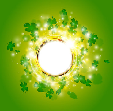 Vector green St Patrick's Day background with round frame and spark. Clover leaves and sparkling light effect golden ring. Festive circle concept