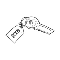 black and white cartoon key with sold tag