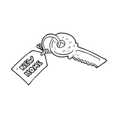 black and white cartoon house key with new home tag