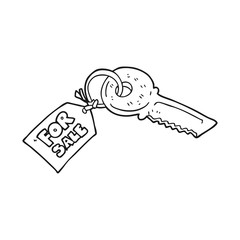 black and white cartoon house key with for sale tag