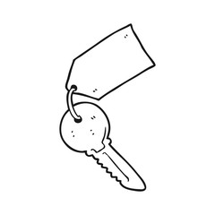 black and white cartoon key with tag
