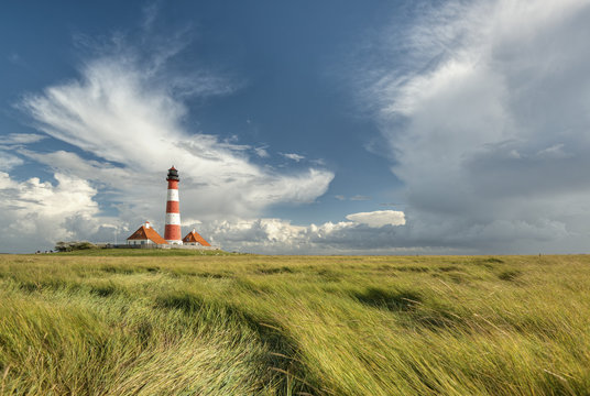 scenic landscape with famous Westerhever lighthouse at North Sea coast, Schleswig-Holstein, Germany, Europe
