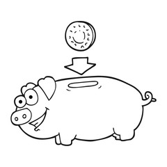 black and white cartoon piggy bank