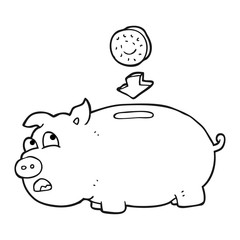 black and white cartoon piggy bank