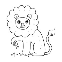 black and white cartoon lion with thorn in foot