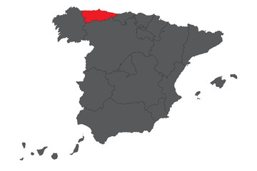 Asturias red map on gray Spain map vector