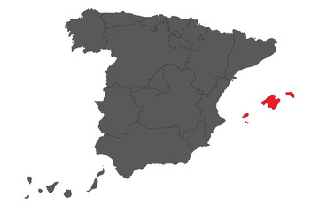 Balearic islands red map on gray Spain map vector