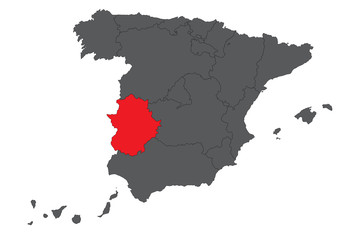 Extremadura red map on gray Spain map vector