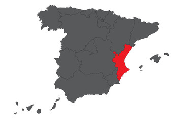 Valencian Community red map on gray Spain map vector