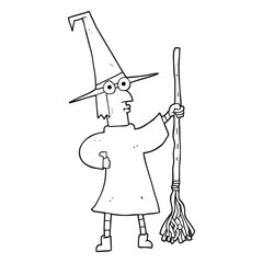 black and white cartoon witch with broom