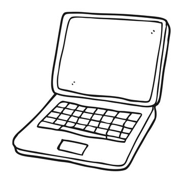 black and white cartoon laptop computer with heart symbol on scr