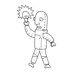 black and white cartoon robot with light bulb