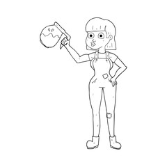 black and white cartoon woman in dungarees with coffee