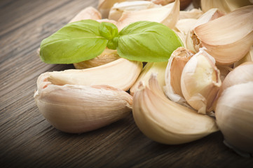 Group of garlic cloves on the wood