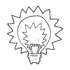 black and white cartoon light bulb shining