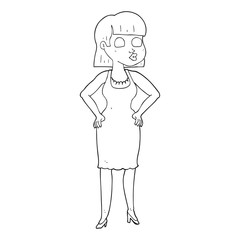 black and white cartoon woman in dress with hands on hips