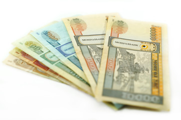 Mongolian money on white background