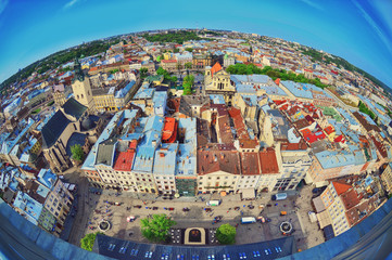 Fish-eye  view of the city Lviv birds eye view. Panorama