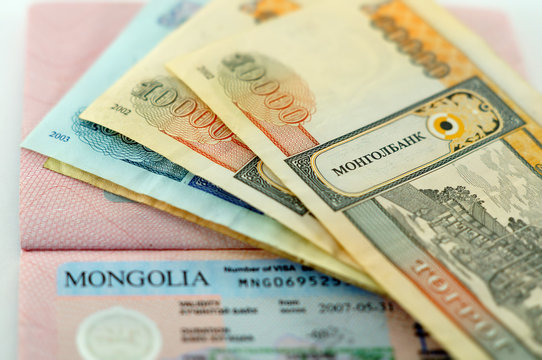 Visa in the passport to Mongolia and Mongolian banknotes