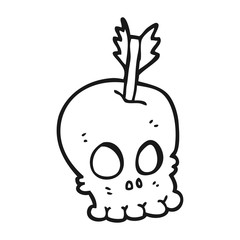 black and white cartoon skull with arrow