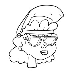 black and white cartoon woman with welding mask and glasses