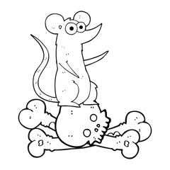 black and white cartoon rat on bones