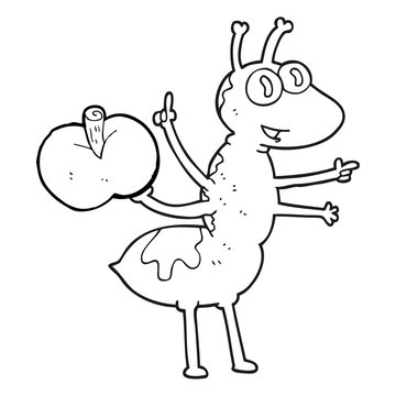 black and white cartoon ant with apple