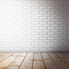 Room interior with brick wall and wooden floor