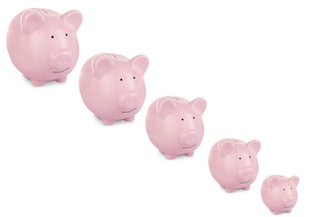 Collage of pink ceramic piggy banks isolated on white
