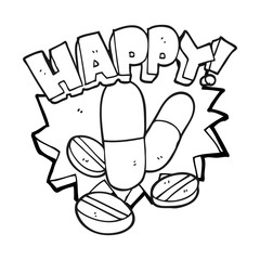 black and white cartoon happy pills