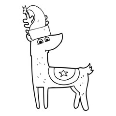 black and white cartoon reindeer wearing christmas hat