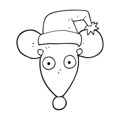 black and white cartoon mouse in christmas hat