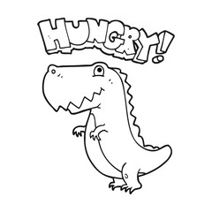 black and white cartoon hungry dinosaur