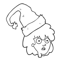 black and white cartoon woman with santa hat
