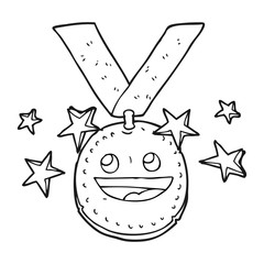 black and white cartoon happy sports medal