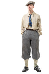 Young man with clothes and cap in 20s style.