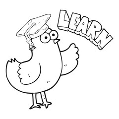 black and white cartoon bird with learn text
