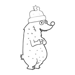 black and white cartoon bear wearing christmas hat
