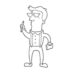 black and white cartoon man with notebook