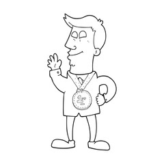 black and white cartoon waving man with award