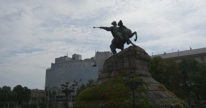 Monument of Bohdan Khmelnytsky On Sofia Square, Kiev, Bell Tower of Sophia Cathedral and Living Houses on Background