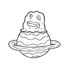 black and white cartoon alien on planet
