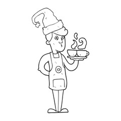 black and white cartoon barista serving coffee at christmas