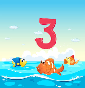 Number three with 3 fish in the ocean