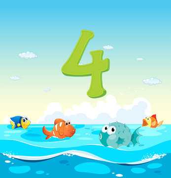 Number four with 4 fish in the ocean