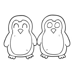 black and white cartoon birds holding hands