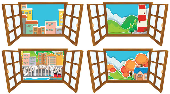 Four window scences of city and countryside